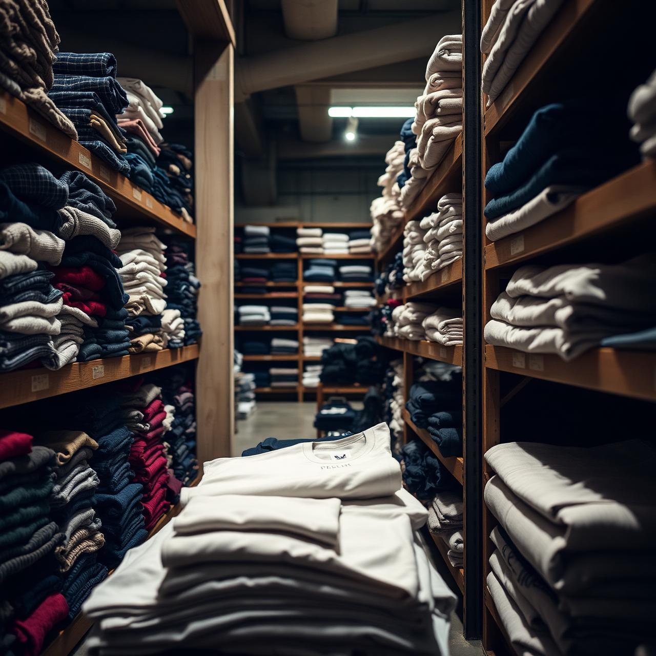 Folded apparel and textiles in a Hong Kong trading warehouse