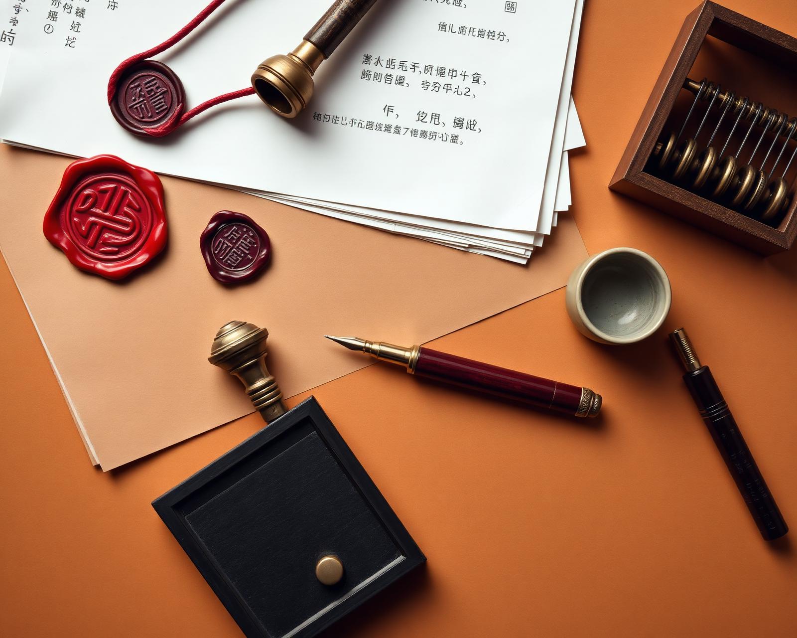 A Hong Kong trading desk — wax chop, fountain pen, bilingual shipping documents and an abacus