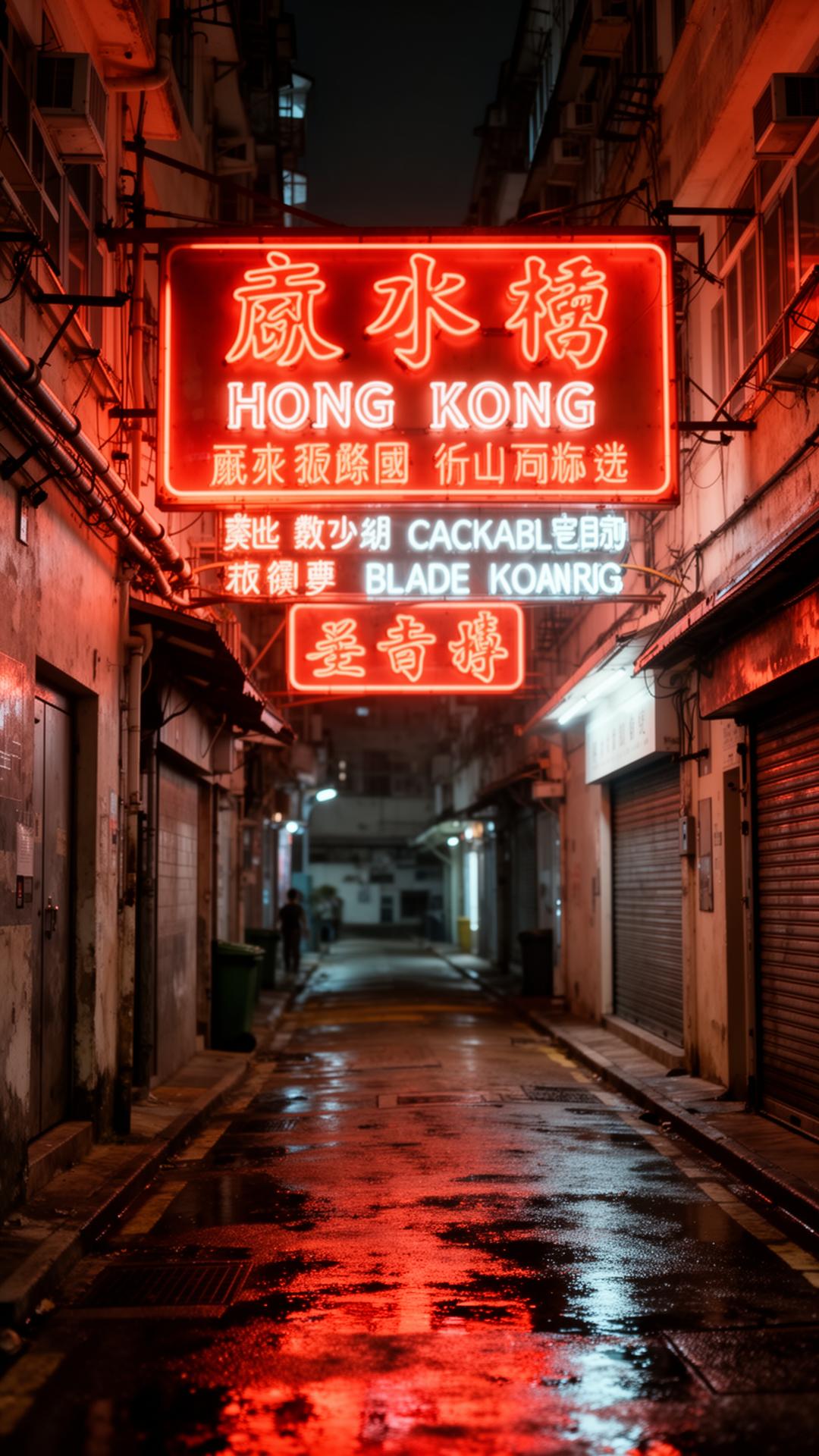 Hong Kong neon street at night with bilingual signs